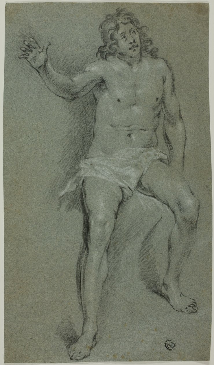 Sedící mužský akt (recto); náčrty ruky a hlavy chlapce (verso) od School of Rembrandt van Rijn