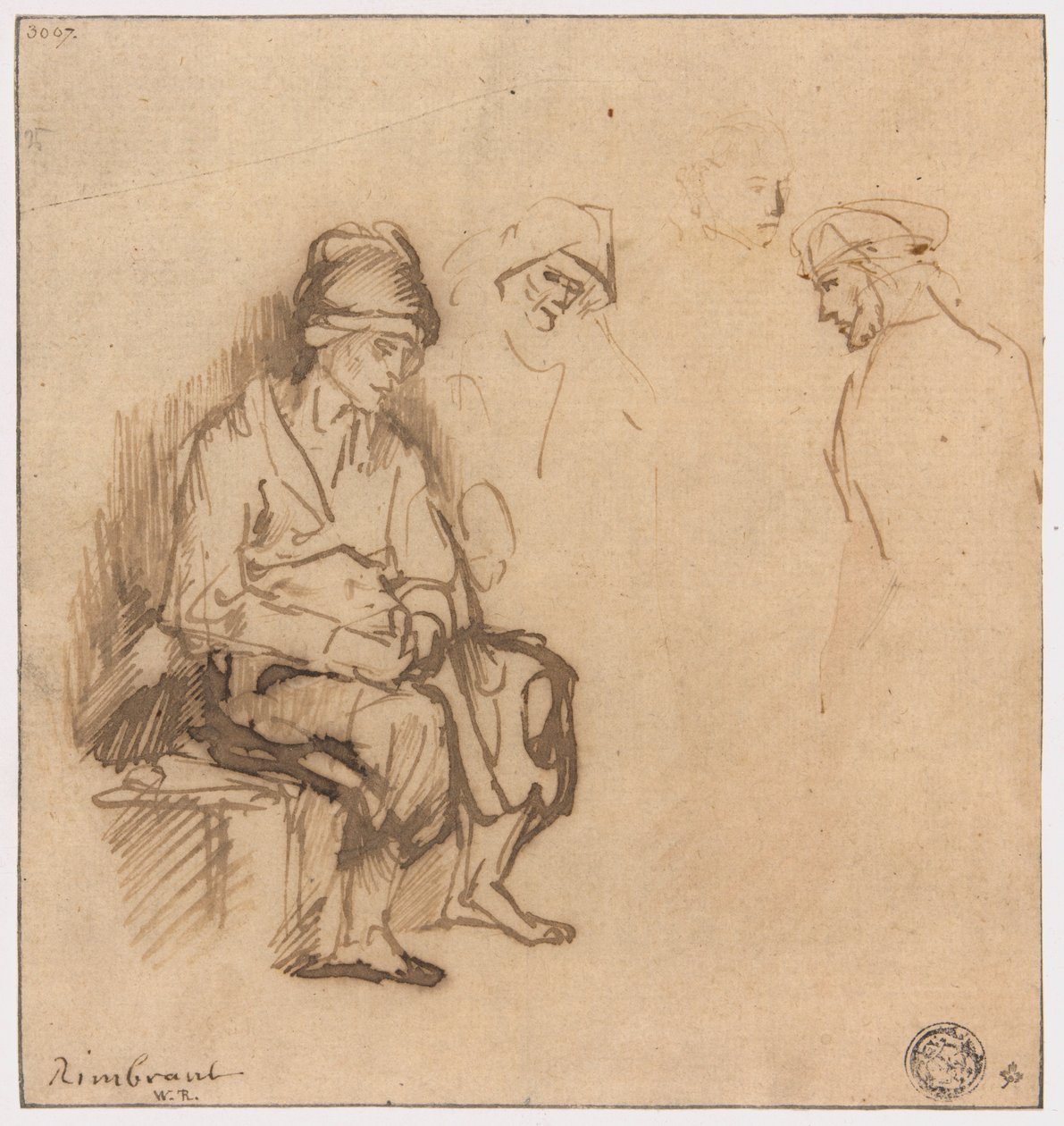 Žena sedící na lavičce a tři náčrtky hlav od School of Rembrandt van Rijn