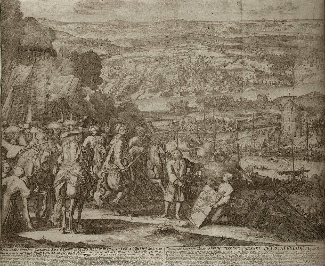 Obléhání turecké pevnosti Azov ruskými silami v roce 1696, um 1700 od Schoonebeek
