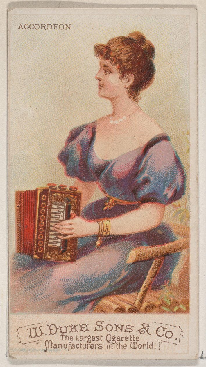 Akordeon, ze série hudebních nástrojů N82 pro cigarety značky Duke, 1888., 1888. od Schumacher and Ettlinger