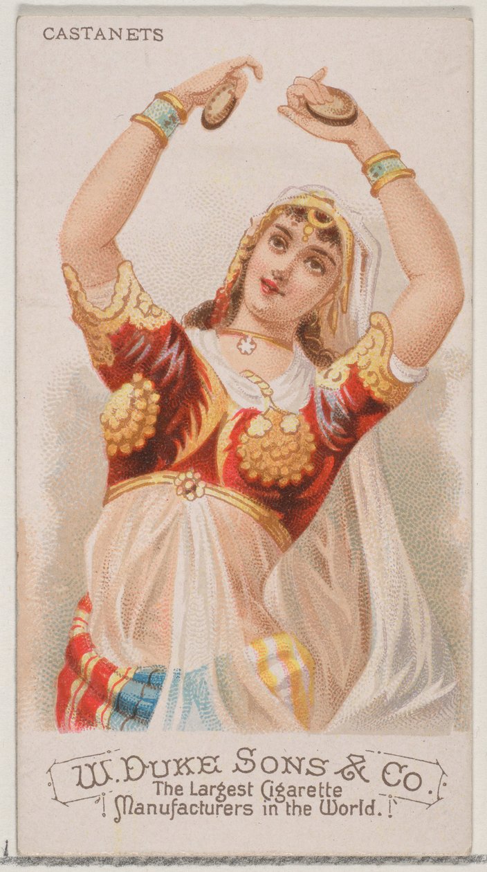 Kastaněty, ze série hudebních nástrojů N82 pro cigarety značky Duke, 1888., 1888. od Schumacher and Ettlinger