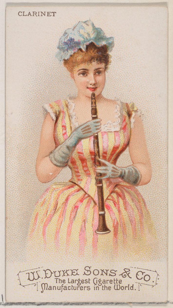 Klarinet, ze série hudebních nástrojů N82 pro cigarety značky Duke, 1888., 1888. od Schumacher and Ettlinger