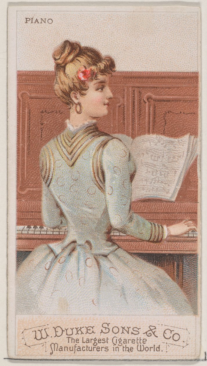 Klavír, ze série hudebních nástrojů N82 pro cigarety značky Duke, 1888., 1888. od Schumacher and Ettlinger