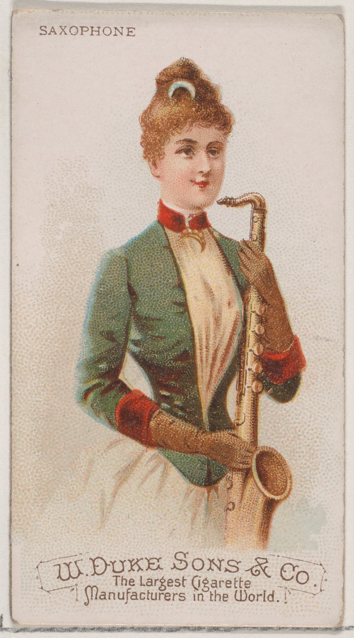 Saxofon, ze série hudebních nástrojů N82 pro cigarety značky Duke, 1888., 1888. od Schumacher and Ettlinger