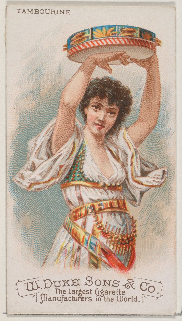 Tamburína, ze série hudebních nástrojů N82 pro cigarety značky Duke, 1888., 1888. od Schumacher and Ettlinger