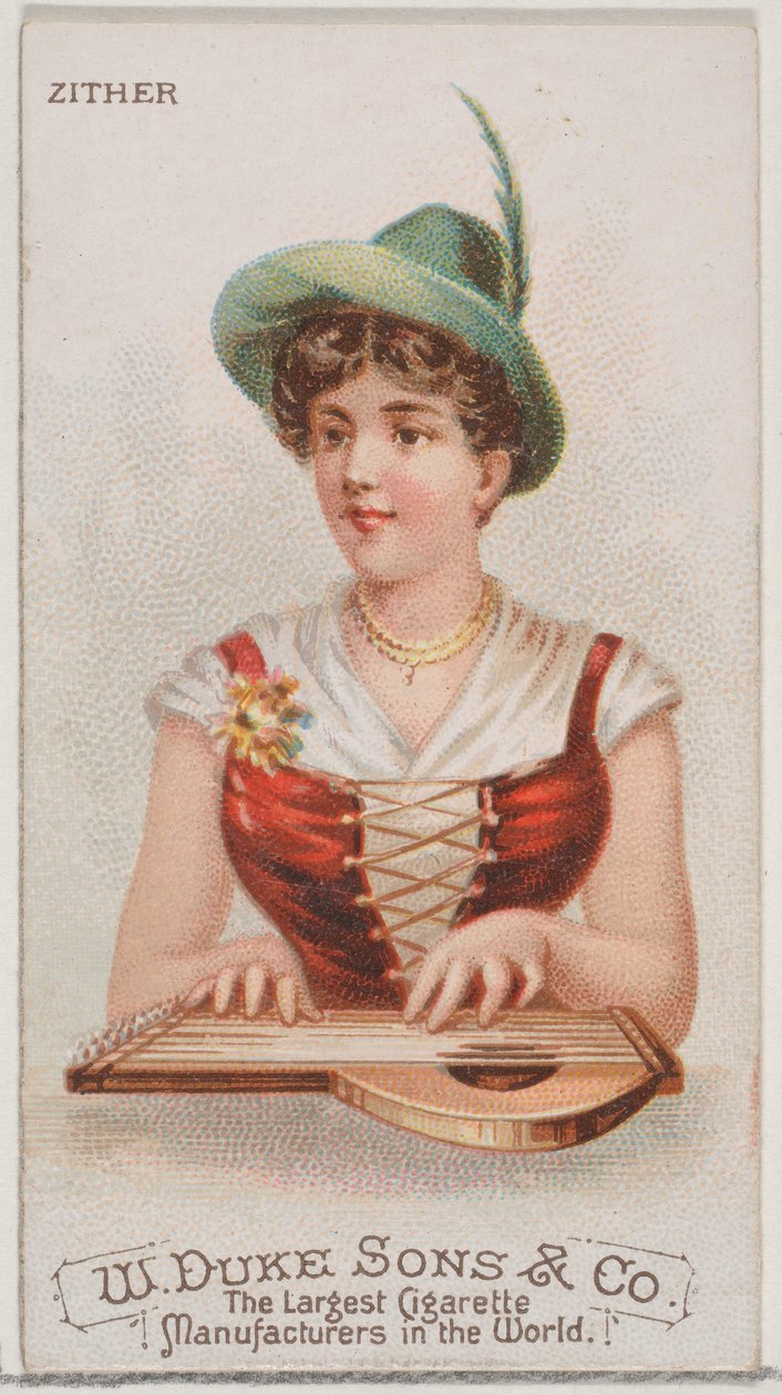 Citera, ze série hudebních nástrojů N82 pro cigarety značky Duke, 1888., 1888. od Schumacher and Ettlinger