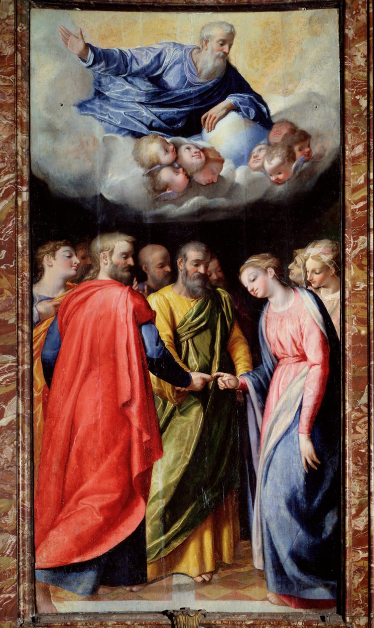Sňatek Panny Marie Obraz Scipione Pulzone il Gaetano (1550-1598) a Giuseppe Valeriano (1542-1606) 1584-1588 Řím, kostel Gesu, kaple Madonna della Strada od Scipione Pulzone