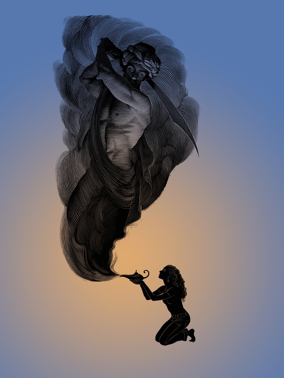 1001, 2006 (scratchboard, digitálně kolorováno) od Scott McKowen