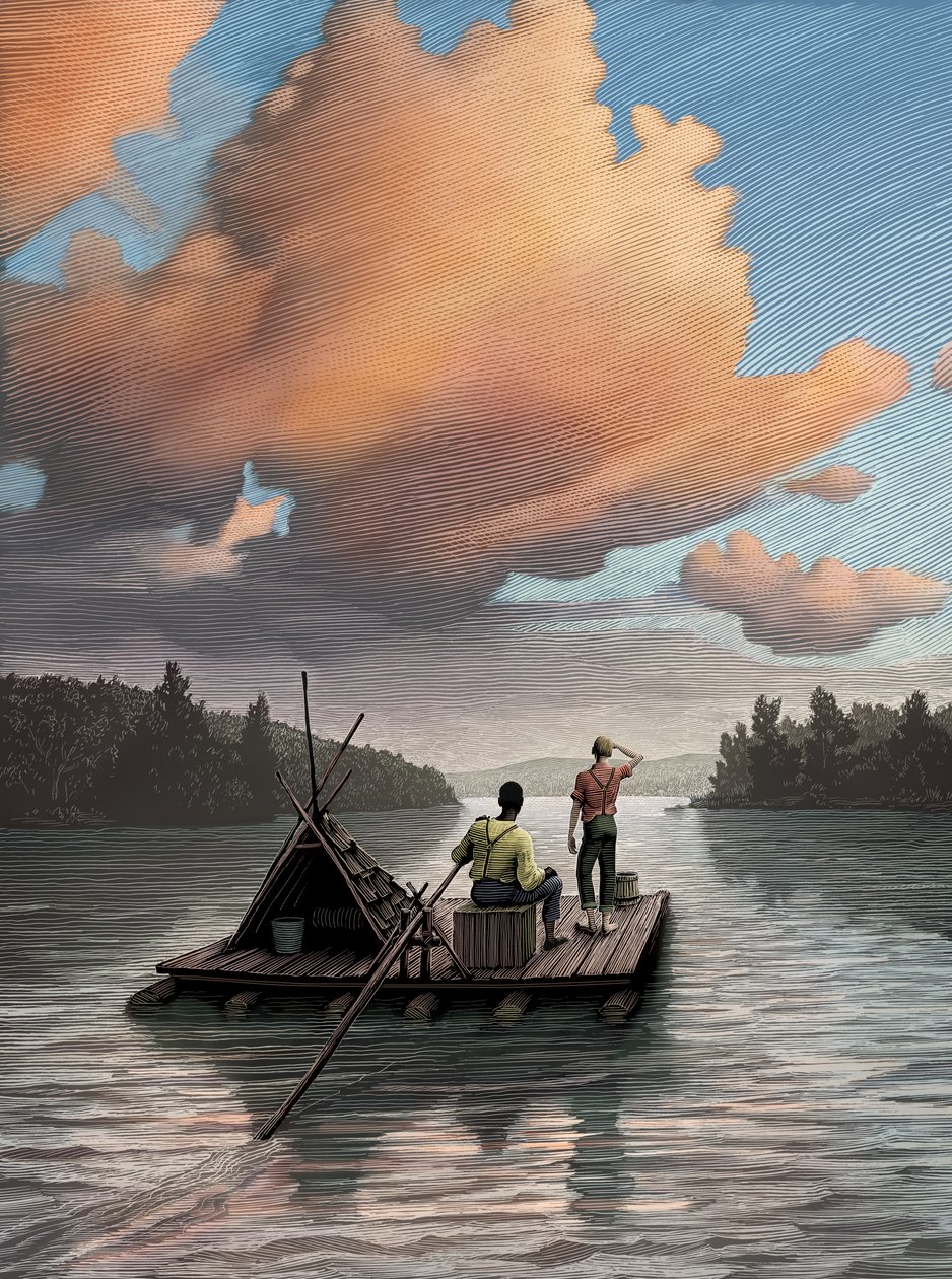 Huckleberry Finn, 2006 (scratchboard, digitálně kolorováno) od Scott McKowen