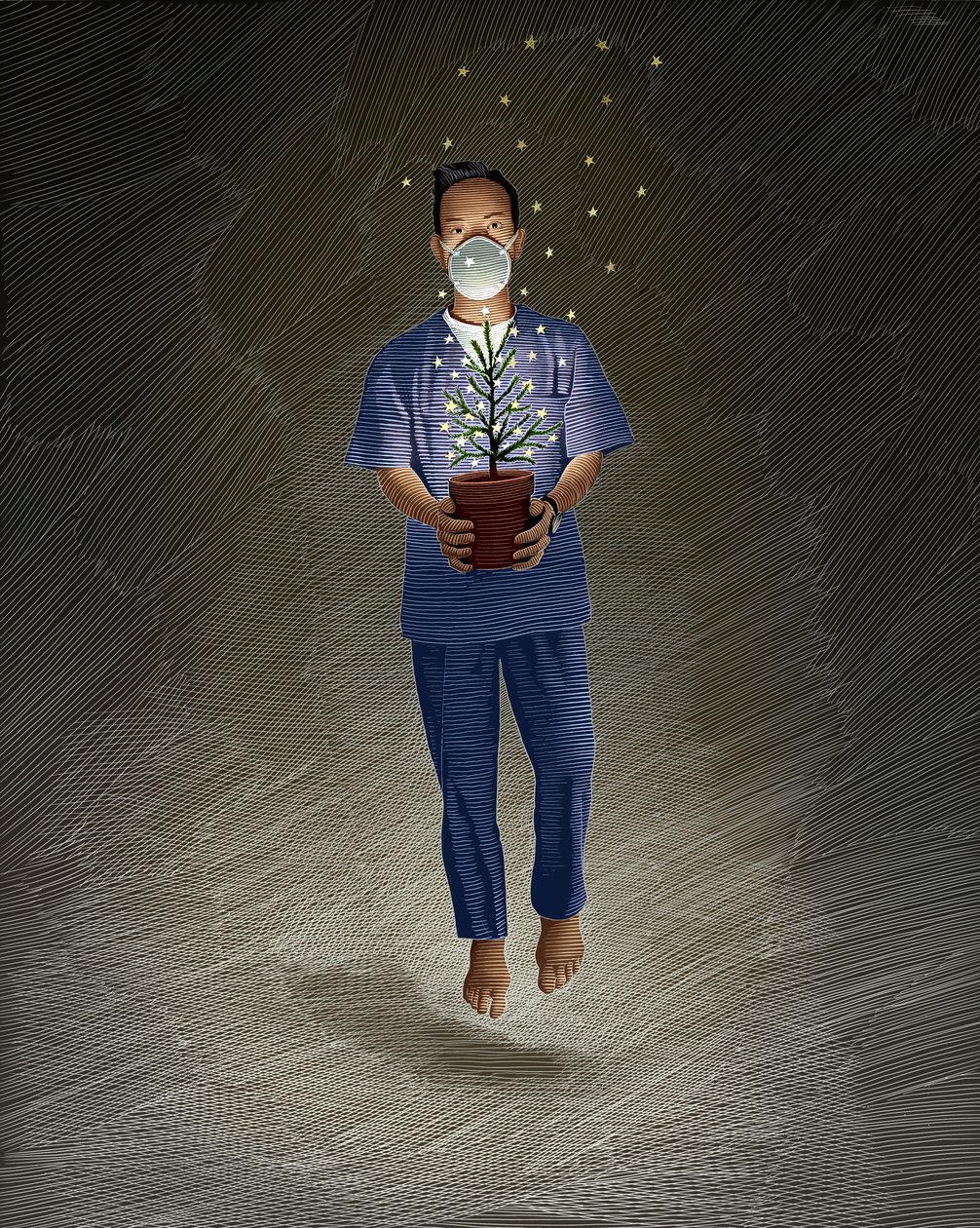 Sestra Anděl, 2020 (scratchboard, digitálně kolorováno) od Scott McKowen