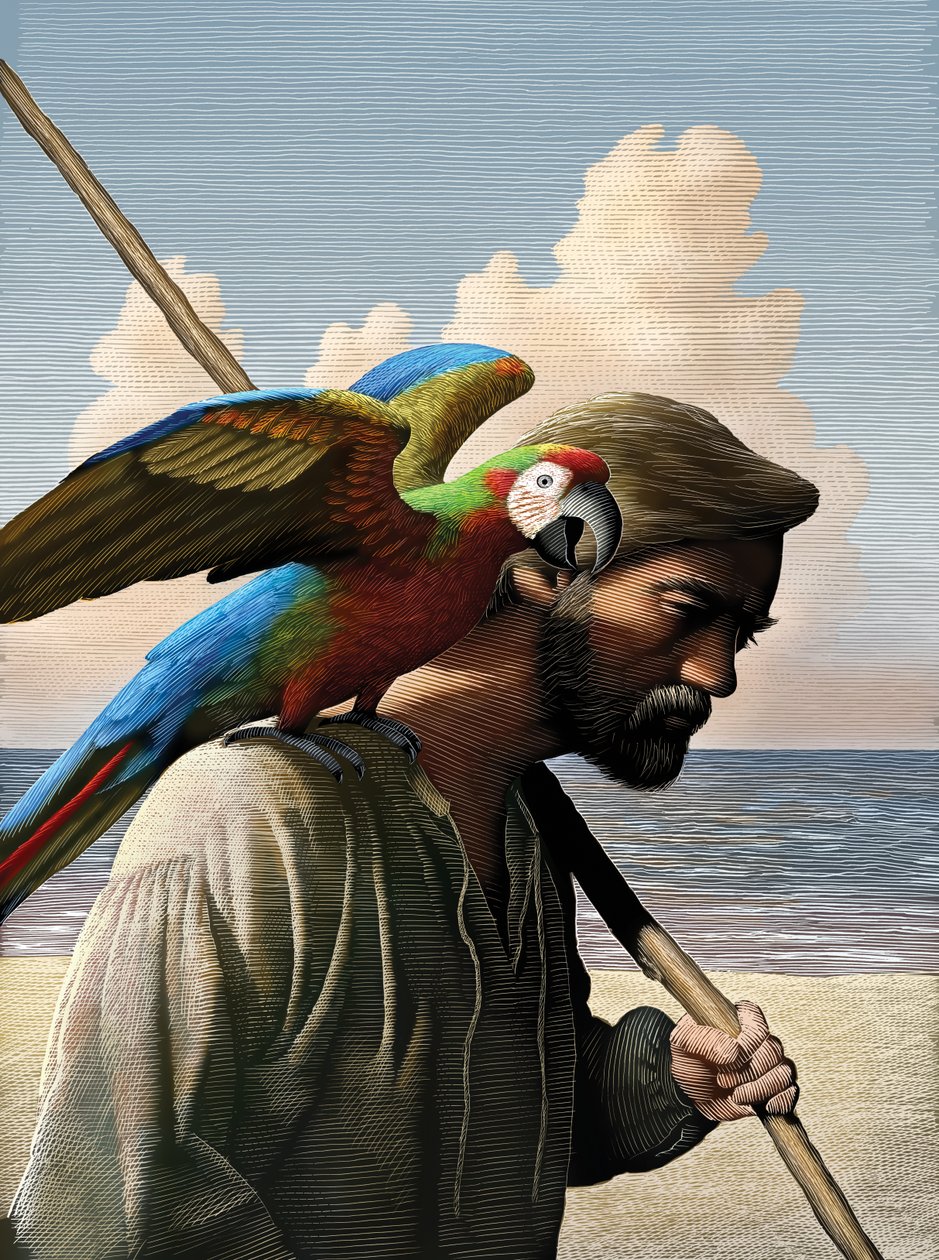 Robinson Crusoe, 2011 (scratchboard, digitálně kolorováno) od Scott McKowen