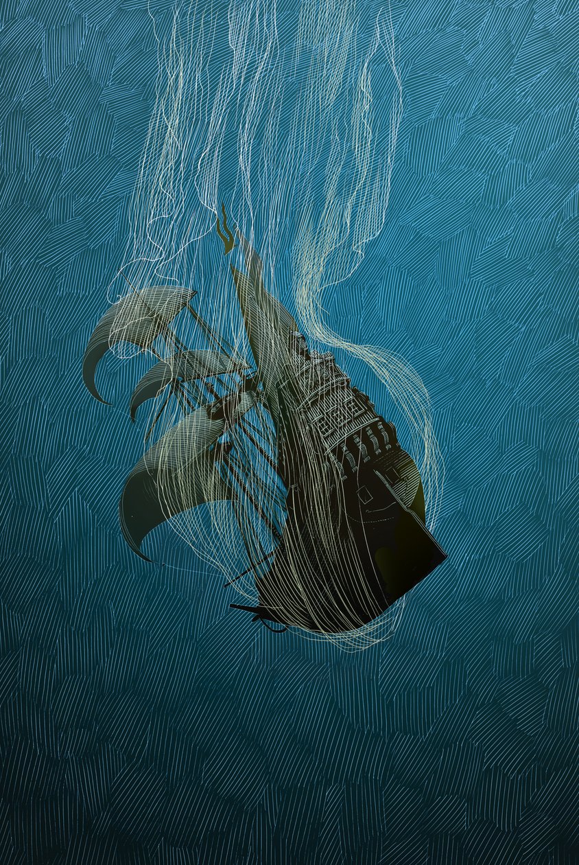Bouře, 2014 (scratchboard, digitálně kolorováno) od Scott McKowen