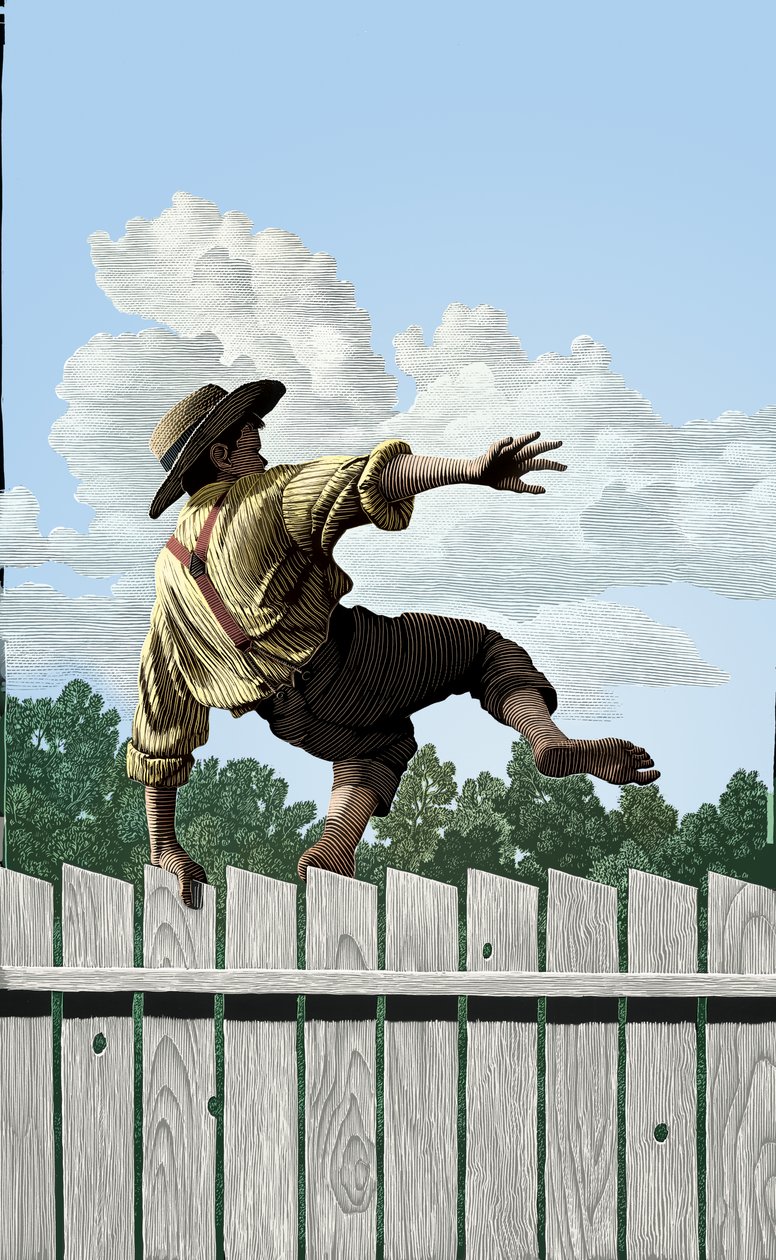 Tom Sawyer, 2004 (scratchboard, digitálně kolorováno) od Scott McKowen
