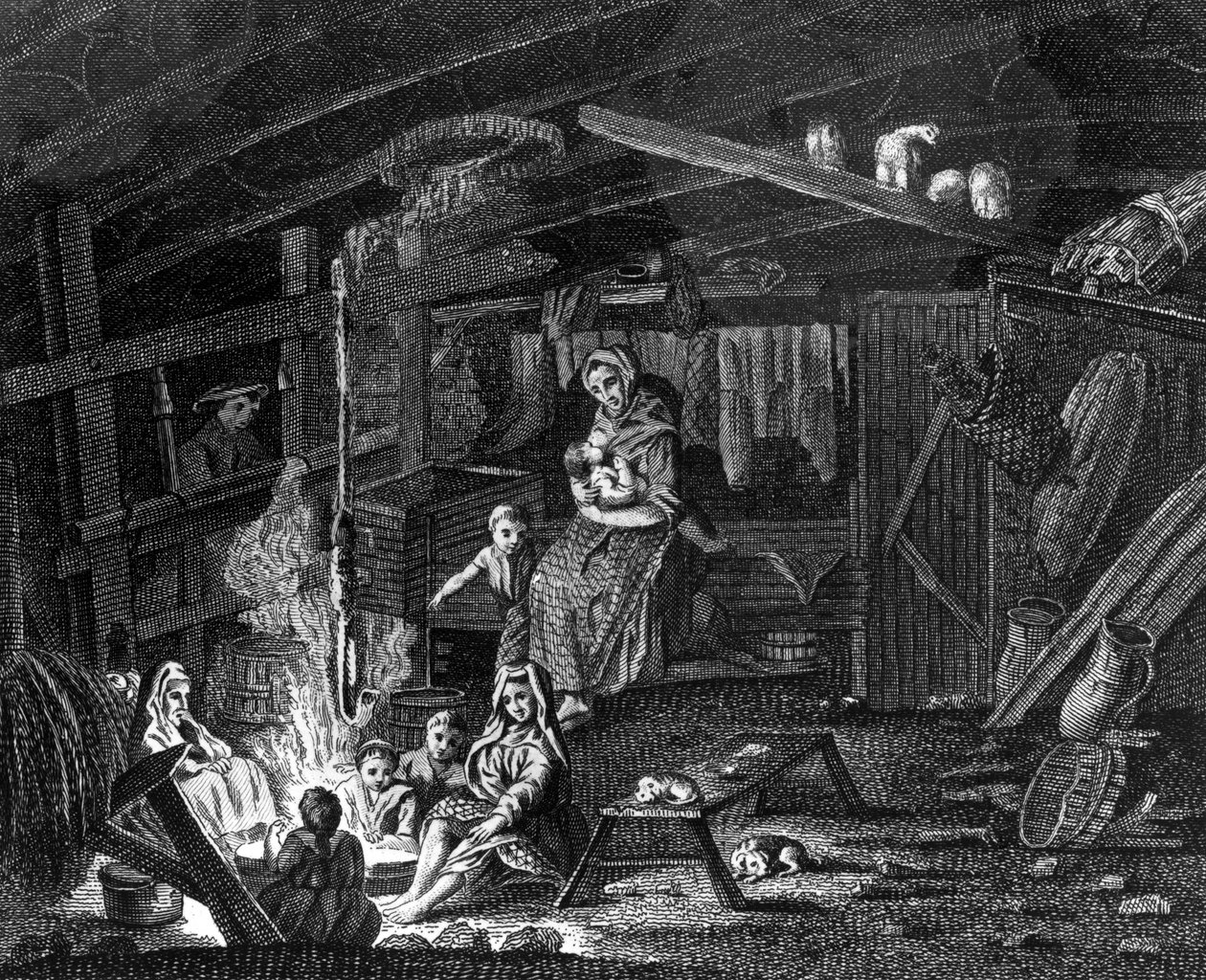 Uvnitř tkalcovské chaty v Ilay, ilustrace z „Tour in Scotland“ od Thomase Pennanta, vydaná 1769 od Scottish School
