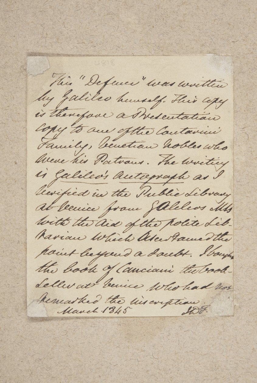 Poznámka nalepená na přední desku Difesa, Galileo, 1845 (pero a inkoust na papíře) od Scottish School