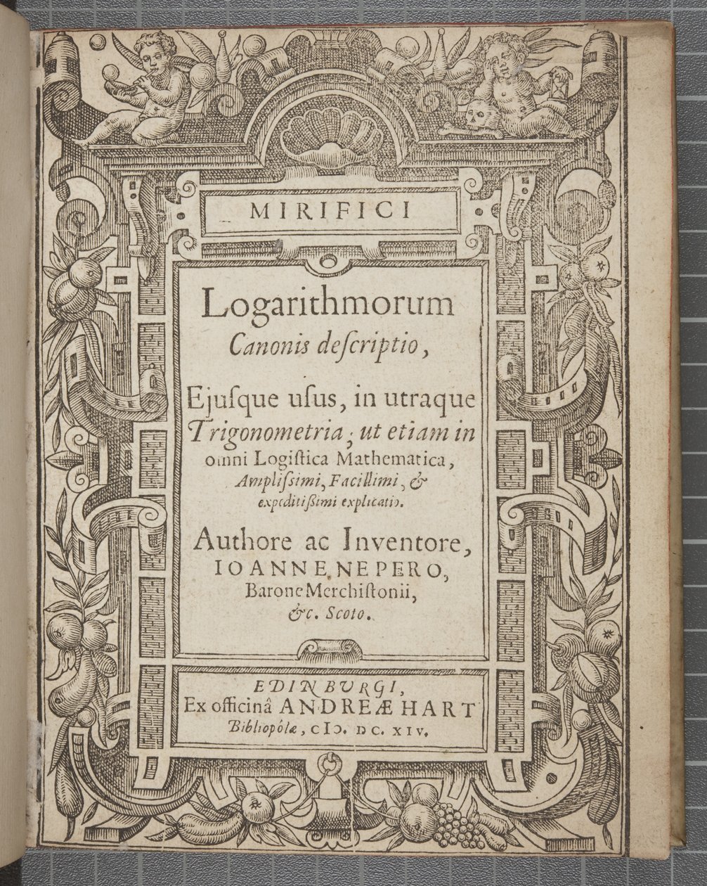Titulní strana knihy Nádherný popis kánonových logaritmů od Johna Napiera od Scottish School