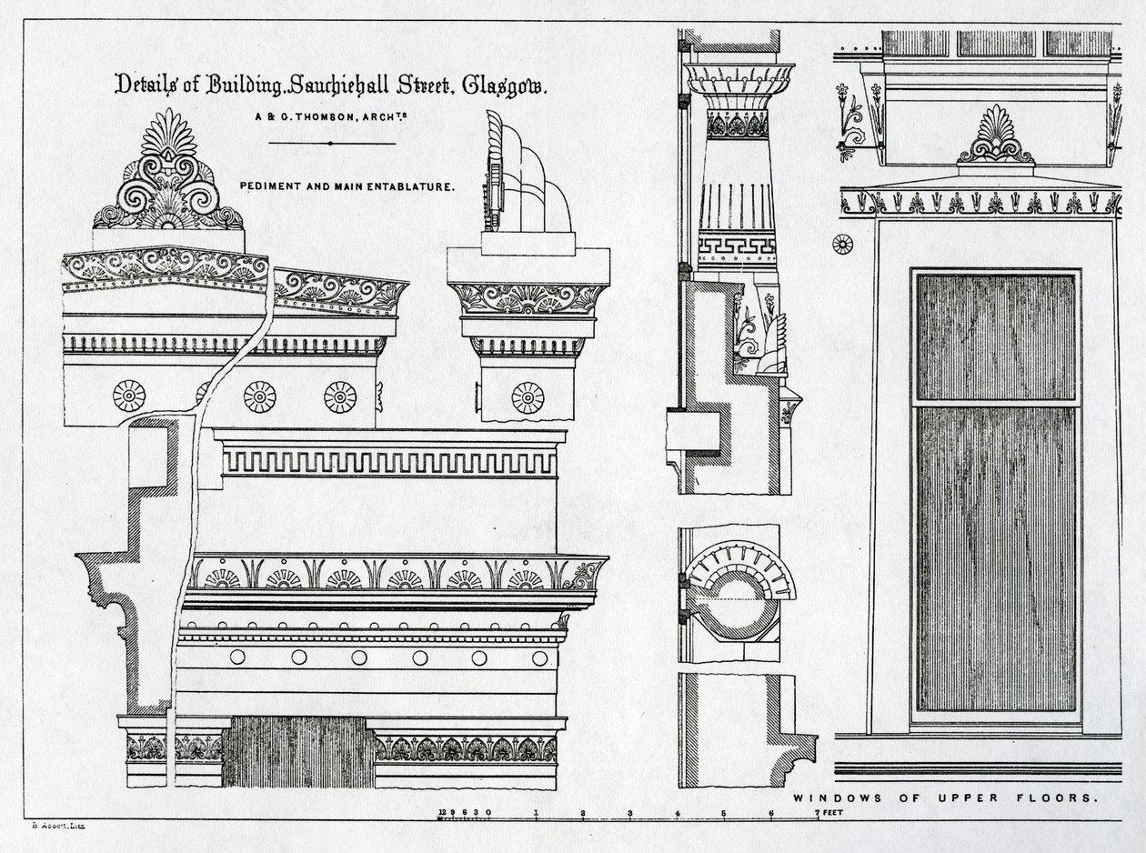 Architektonické detaily Grecian Chambers, 336-356 Sauchiehall Street, Glasgow, navrhl Alexander Greek Thomson, 1869 od Scottish School