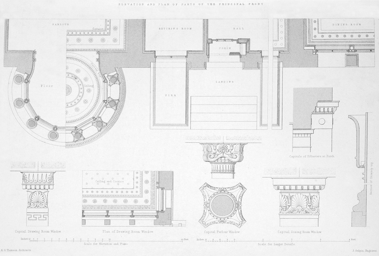 Vnější a vnitřní detaily Holmwood, Glasgow (rytina) od Scottish School