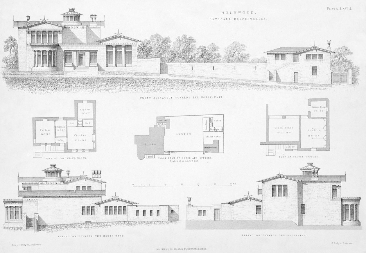 Vnější detaily Holmwood, Glasgow (rytina) od Scottish School