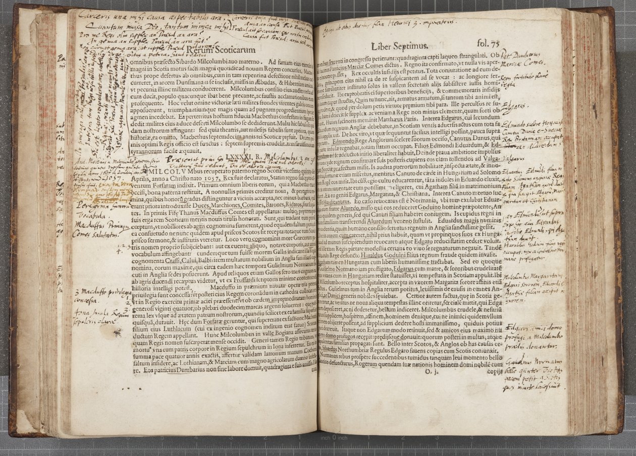 Fol 74 verso 75 recto, Historia Scoticarum od George Buchanana od Scottish School