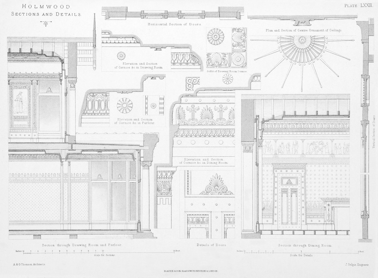Ozdobné detaily interiéru Homwood, Glasgow (rytina) od Scottish School