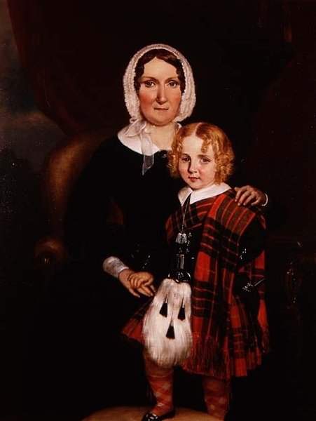 Portrét Skotky s malým synem v horalském oděvu, asi 1860 (olej na plátně) od Scottish School