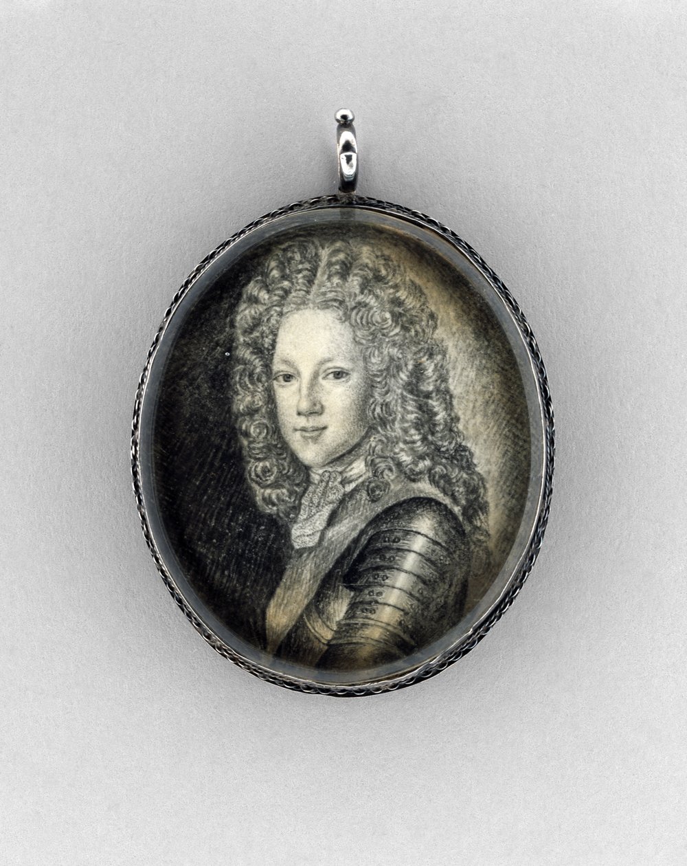 Princ James Francis Edward Stuart (The Old Pretender), kolem 1703 (indický inkoust na pergamenu, grafitu, křišťálu a stříbře) od Scottish School
