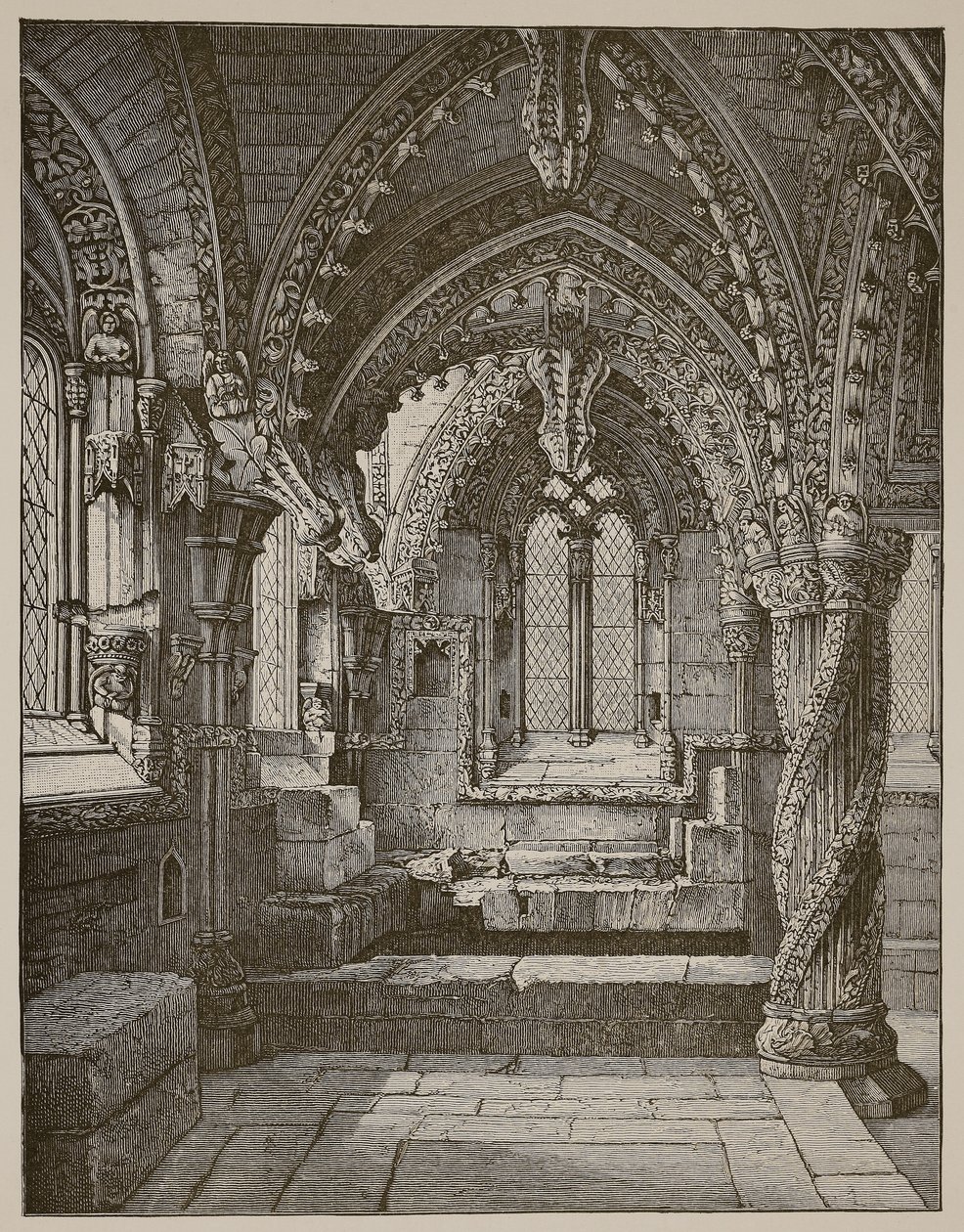 Jihovýchodní roh Lady Chapel, Rosslyn (sépiová fotografie) od Scottish School