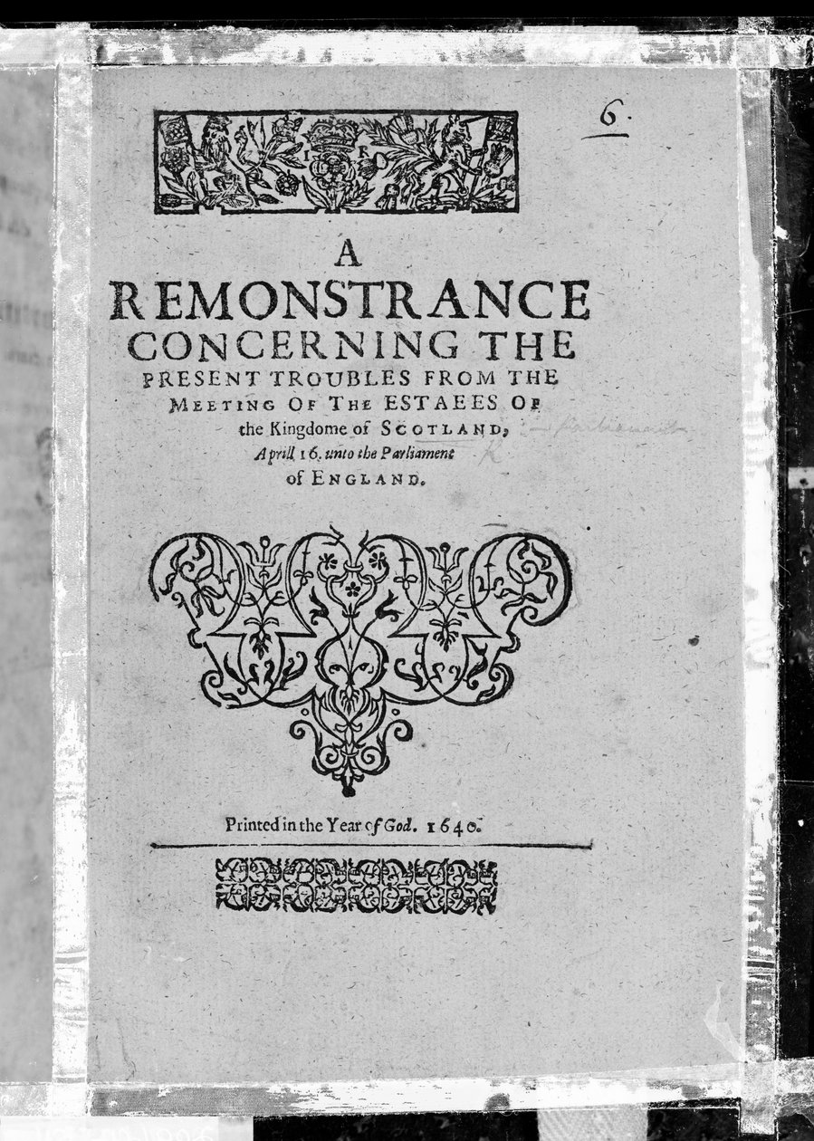 Titulní strana k protestu o současných potížích ze schůze stavů Skotského království, vydaná 1640 (tištěný papír) od Scottish School