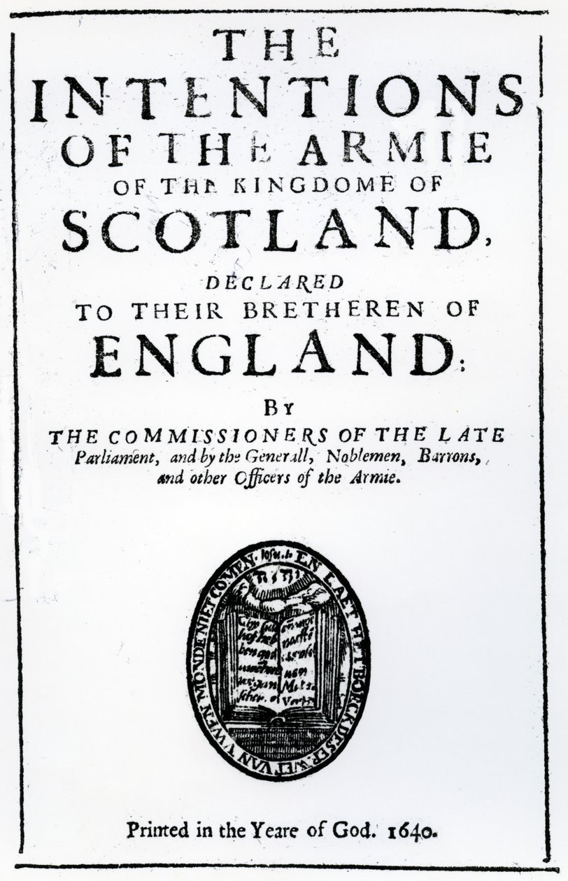 Titulní strana knihy "The Intentions of the Armie of the Kingdome of Scotland" od Alexandra Hendersona, vydáno 1640 (tištěný papír) od Scottish School