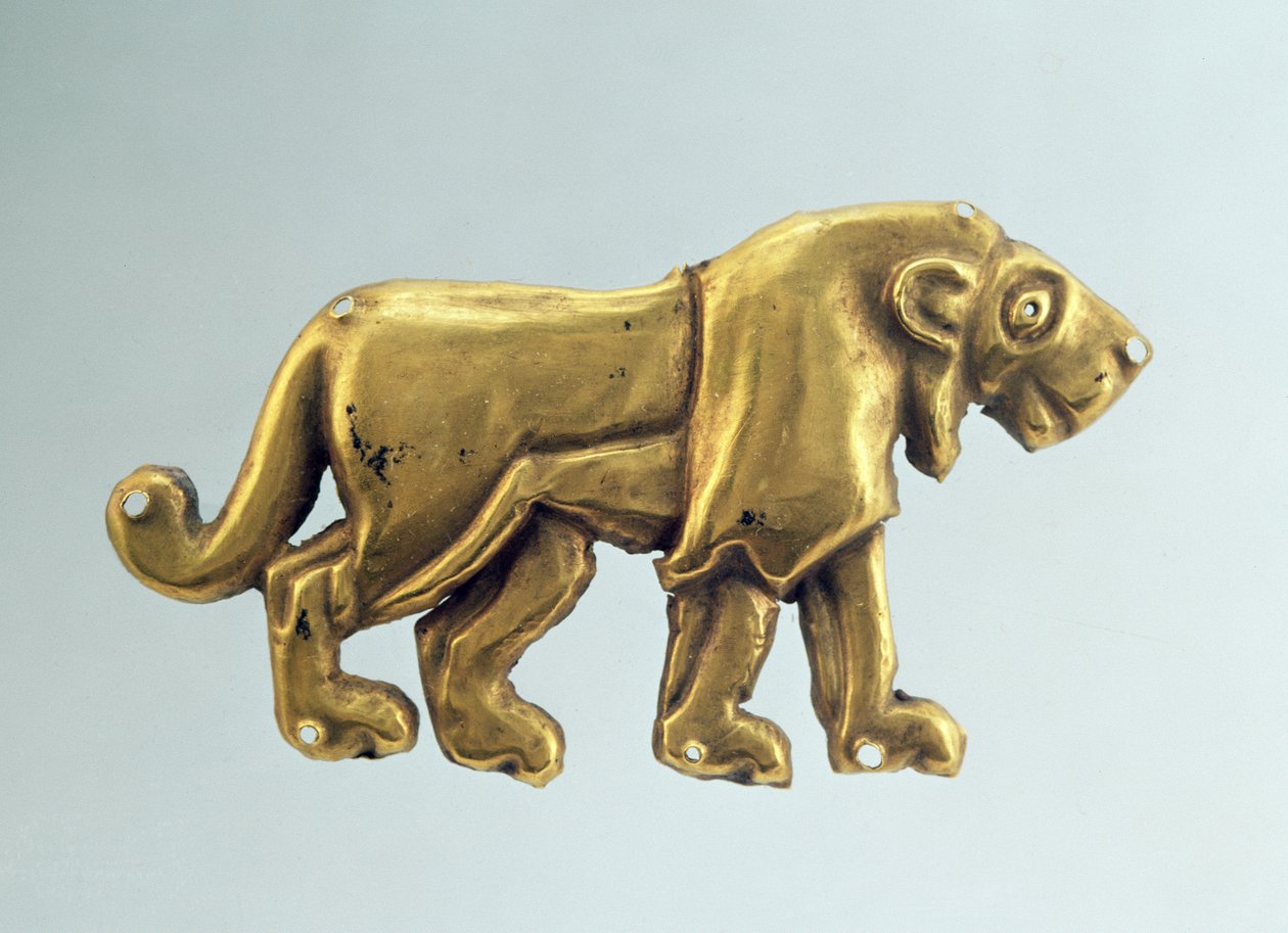 Kráčející lev, ozdoba z pohřebního baldachýnu, konec 3. tisíciletí před naším letopočtem (zlato) od Scythian