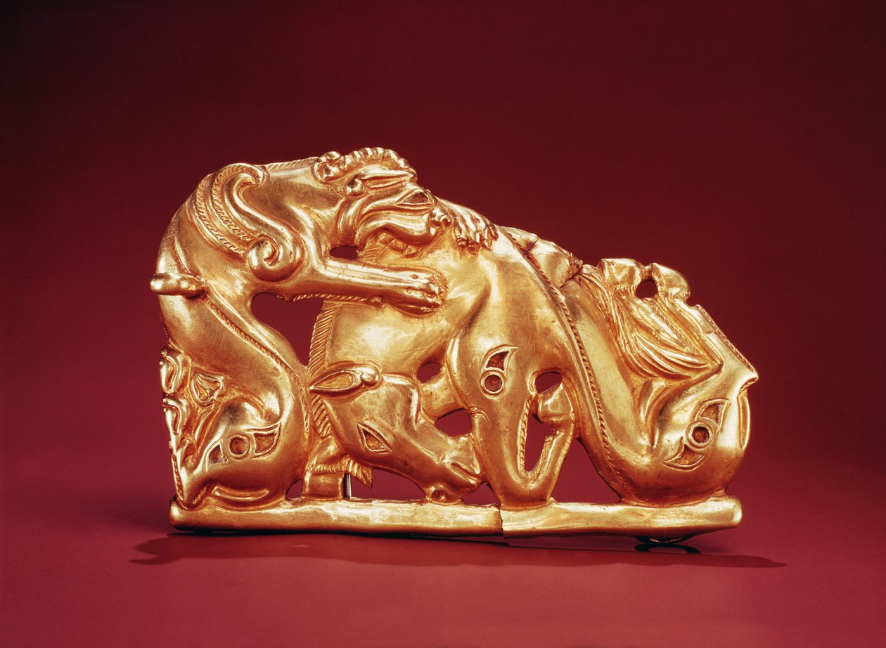 Plaketa zobrazující Griffina útočícího na koně (zlatá a tyrkysová) od Scythian