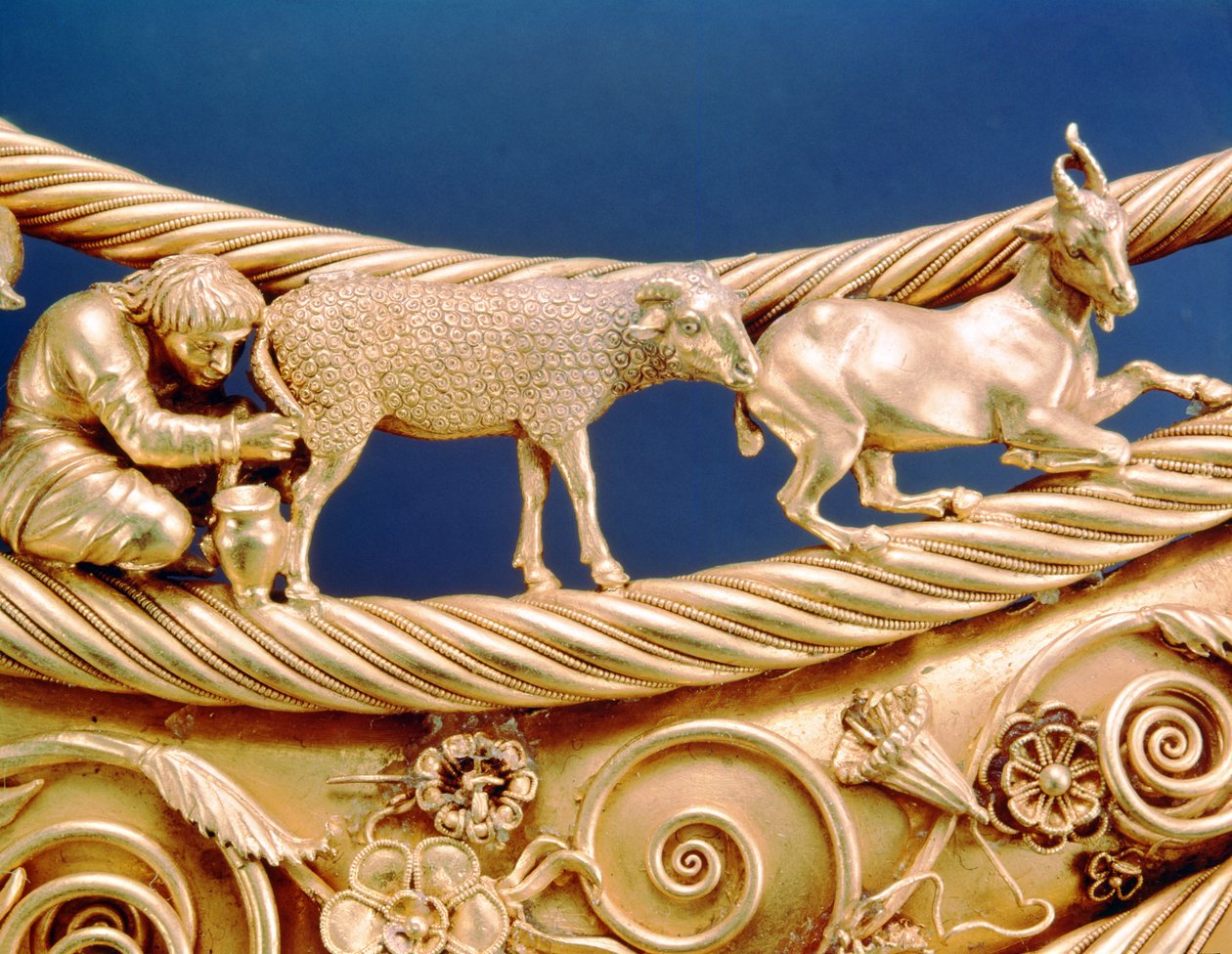 Skythové dojí ovci, detail ze zlatého pektorálu z Tovsta Mohyla od Scythian