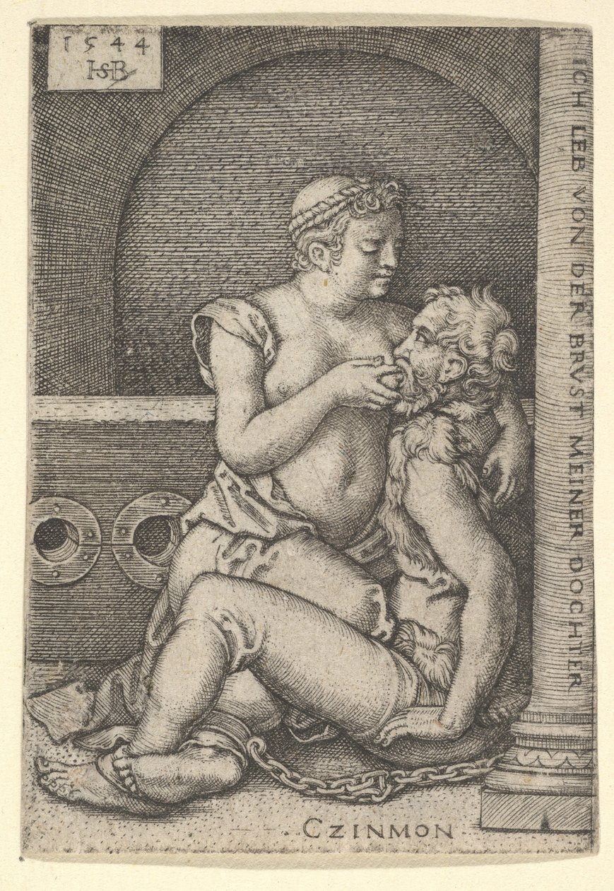 Cimon seděl proti sloupu vpravo a kojil z Pera, který klečí vedle něj, 1544. od Sebald Beham