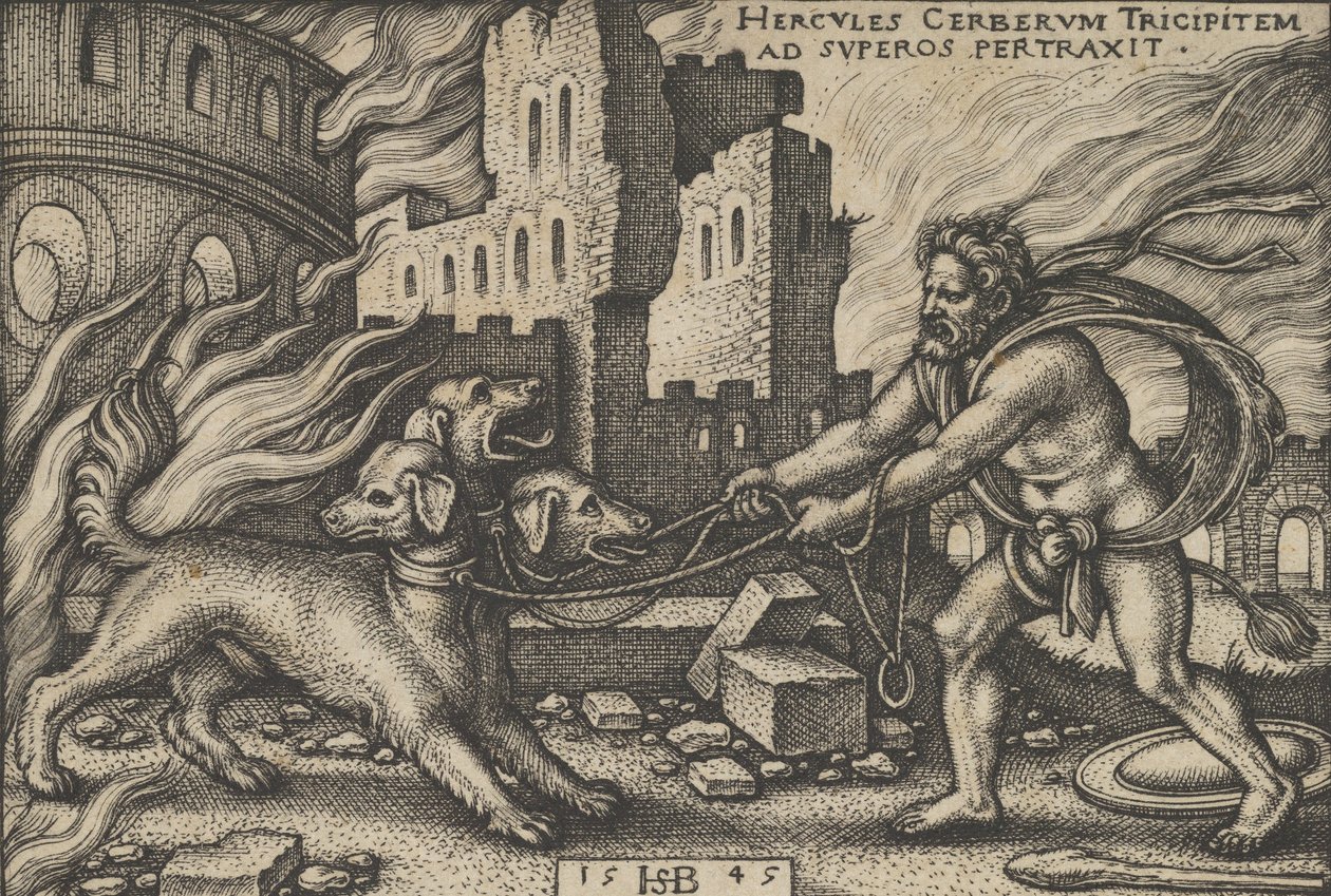 Hercules Capturing Cerberus, z The Labors of Hercules, 1545. od Sebald Beham