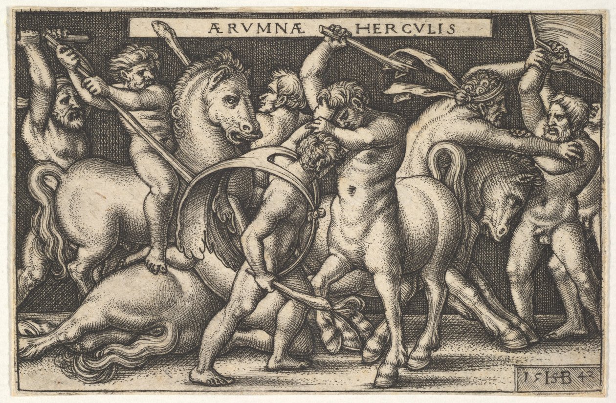 Herkules se svým kyjem uprostřed bojuje s kentaurem, další muži bojují s kentaury, aby opustili..., 1542. od Sebald Beham