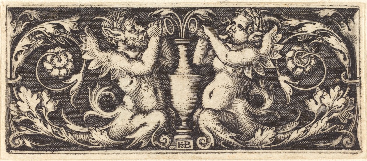 Ornament se dvěma tritony troubícími rohy od Sebald Beham