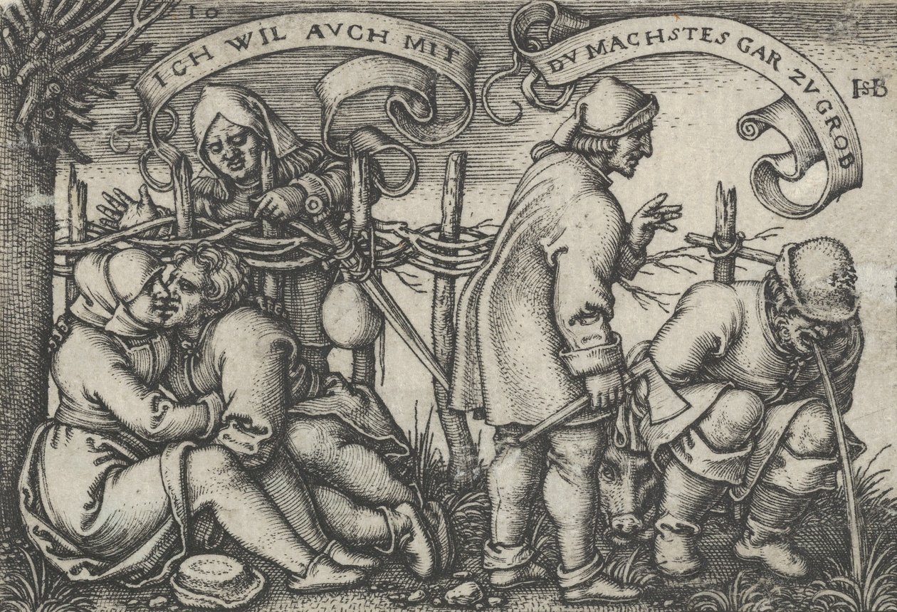 Sedláci za živým plotem, z Selské hostiny aneb Dvanáct měsíců, 1546-47. od Sebald Beham