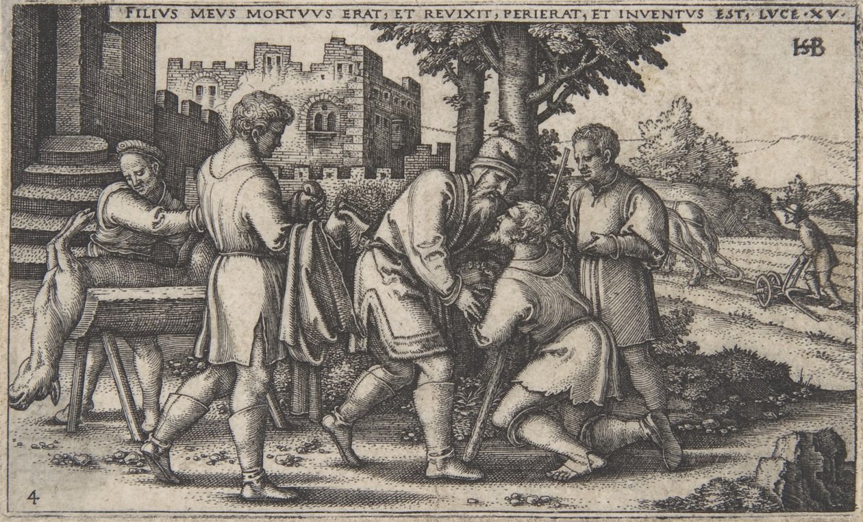 Návrat marnotratného syna, z Historie marnotratného syna, ca. 1540., od Sebald Beham