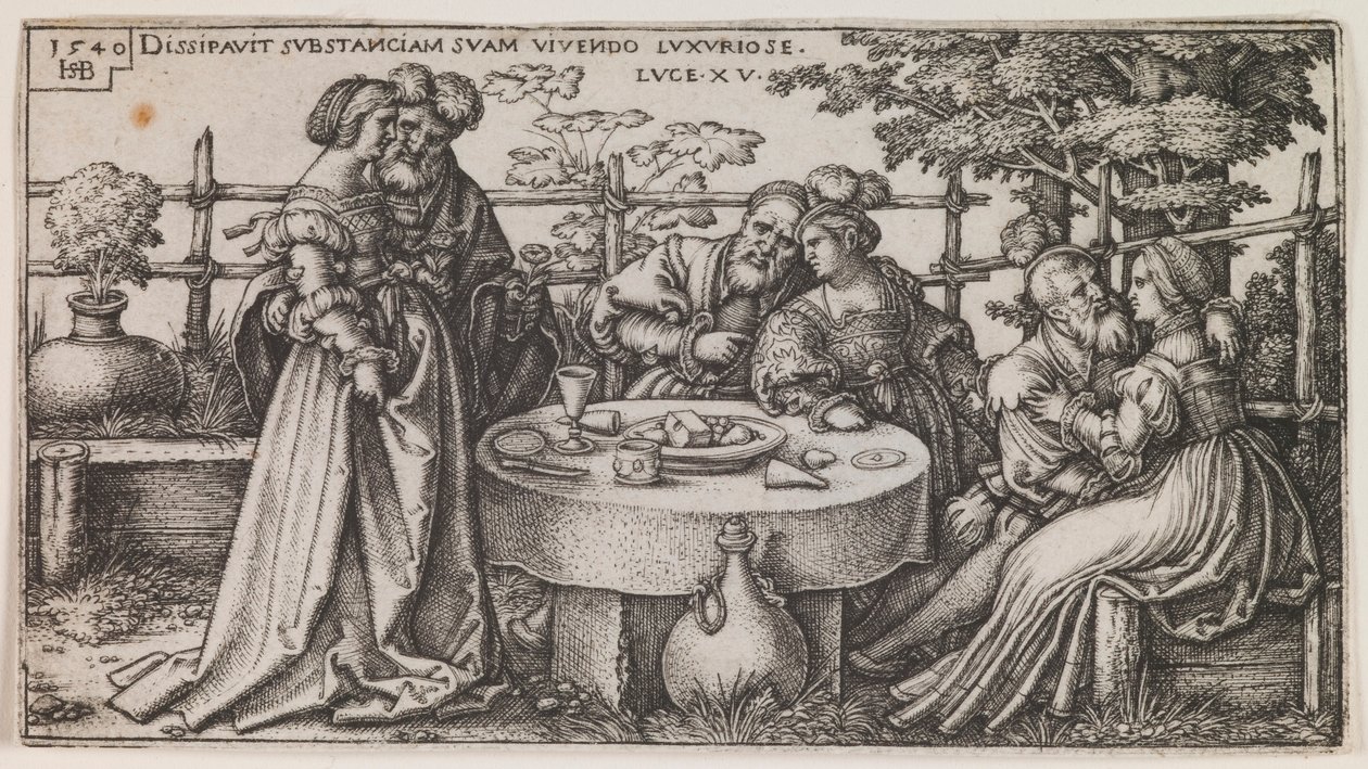 Marnotratný syn plýtvá svým bohatstvím ze série „Historie marnotratného syna“ od Sebald Beham