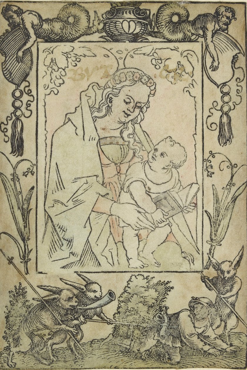 Panna s dítětem obklopená hranicí s lovcem a několika králíky, 16. století od Sebald Beham