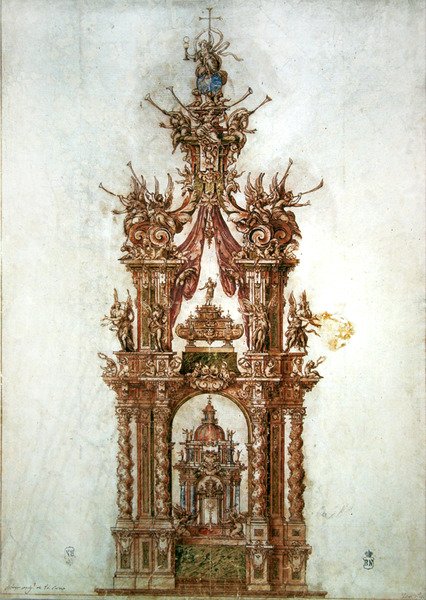 Studie pro oltář svatého Isidora v kostele San Andres, Madrid (sépiové mytí a pero na papíře) od Sebastian de Herrera Barnuevo