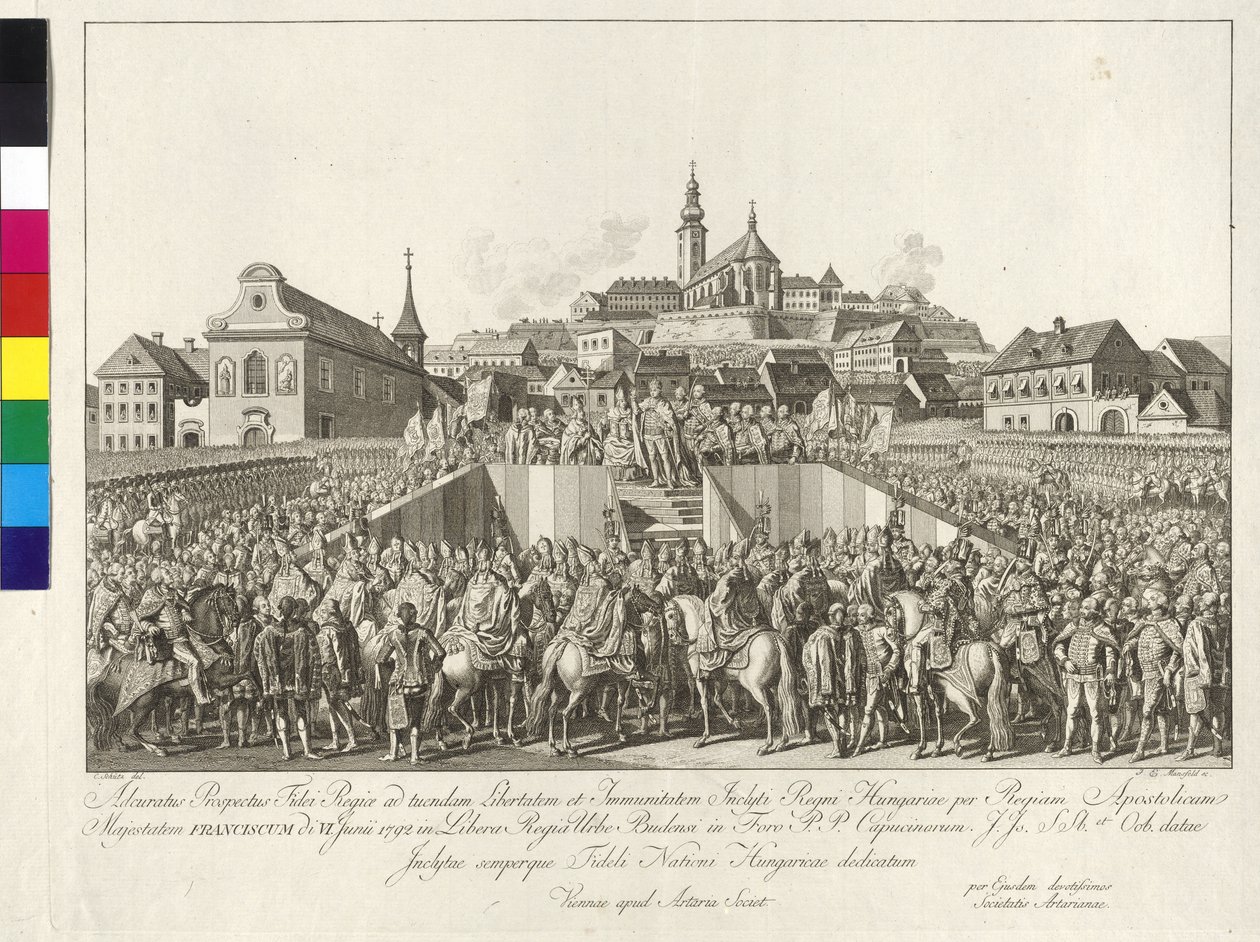 Korunovace císaře Františka II. uherským králem v Budapešti 6. června 1792 (mědirytina) od Sebastian Mansfeld