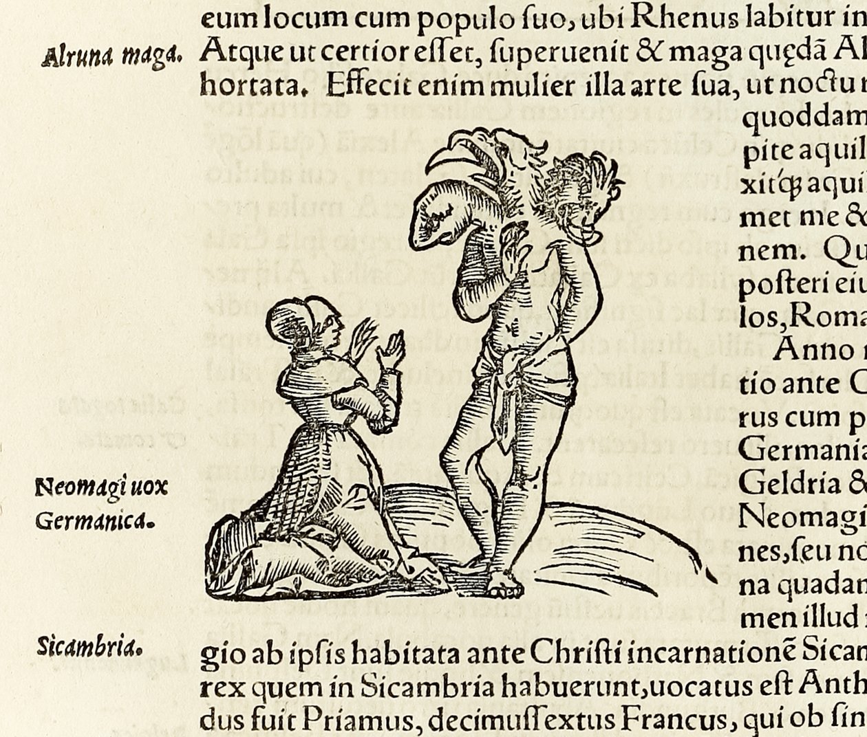 Čarodějnice vyvolává tříhlavého démona z roku 1550 vydání ‚Cosmographia‘ od Sebastiana Munstera (dřevořez) od Sebastian Munster