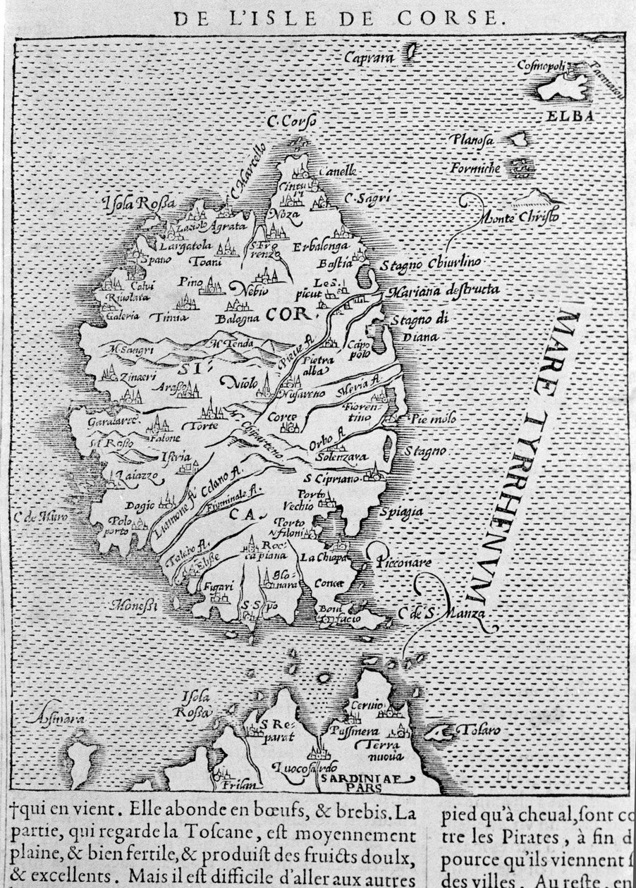 Korsika podle „Cosmographia Universalis“ od Sebastiana Munstera. Basilej 1558 od Sebastian Munster