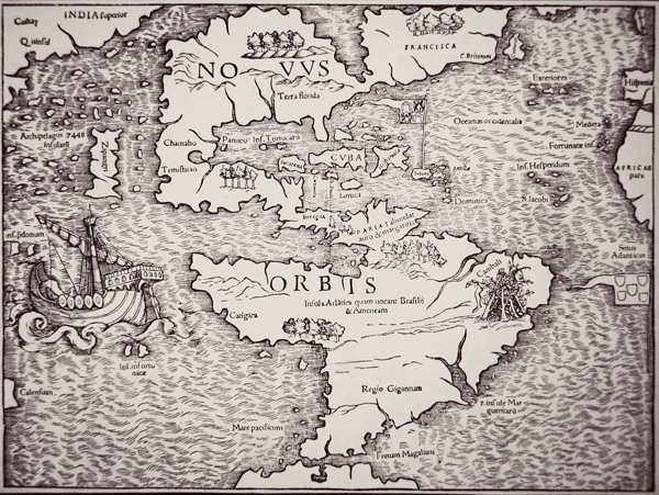 Mapa Ameriky zobrazující Atlantský a Tichý oceán od Sebastian Munster