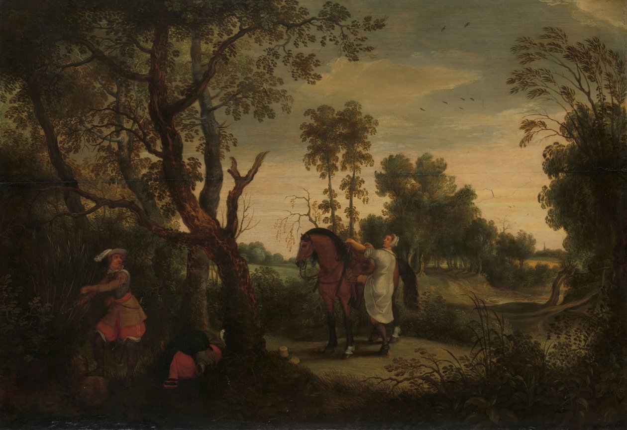 Žena nasedá na koně lupiče: "De Gestrafte Rover", asi 1635 (olej na desce) od Sebastian Vrancx