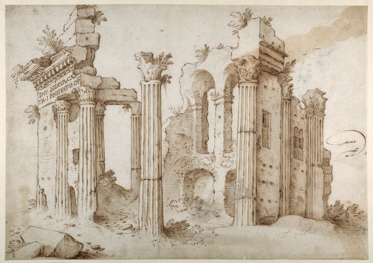 Sloupovité ruiny chrámu Minervy, Forum of Nerva, Řím (pero a hnědý inkoust s mytím na papíře) od Sebastian Vrancx