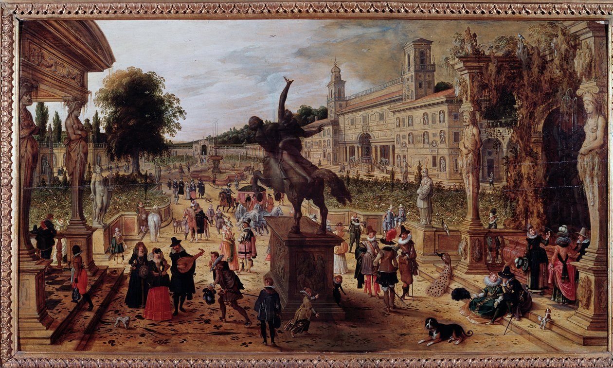 Krajina s vilou Medicis v Římě, Itálie (Krajina s vilou Medicis, Řím, Itálie) Elegantní chodci a hudebníci v parku - Obraz Sebastiana Vrancxe (1573-1647) 17. století - Neapol Museo Nazionale di Capodimonte od Sebastian Vrancx