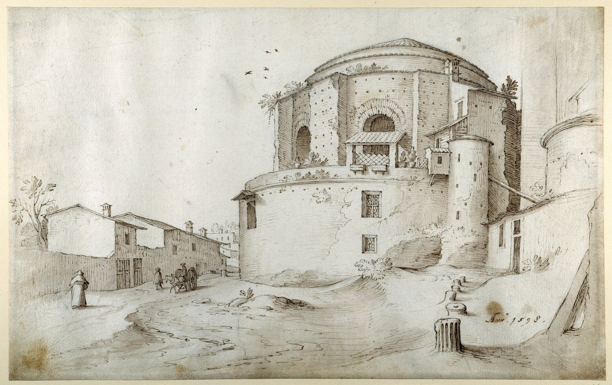 S. Maria della Febbre, s pohřební kaplí Sixta IV. a zdí Starého svatého Petra, Řím, vpravo (pero a hnědý inkoust s hnědým lavírováním na bílém papíře) od Sebastian Vrancx